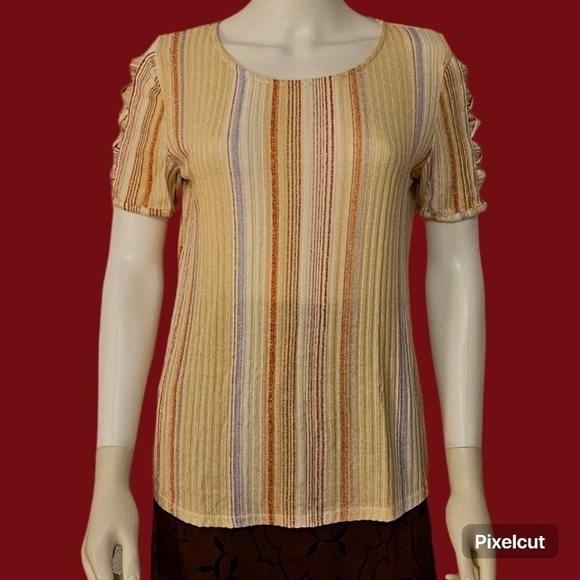 3/$30 ANOTHER REASON Pastel Striped Braided Short Sleeve Blouse Small - Picture 1 of 9